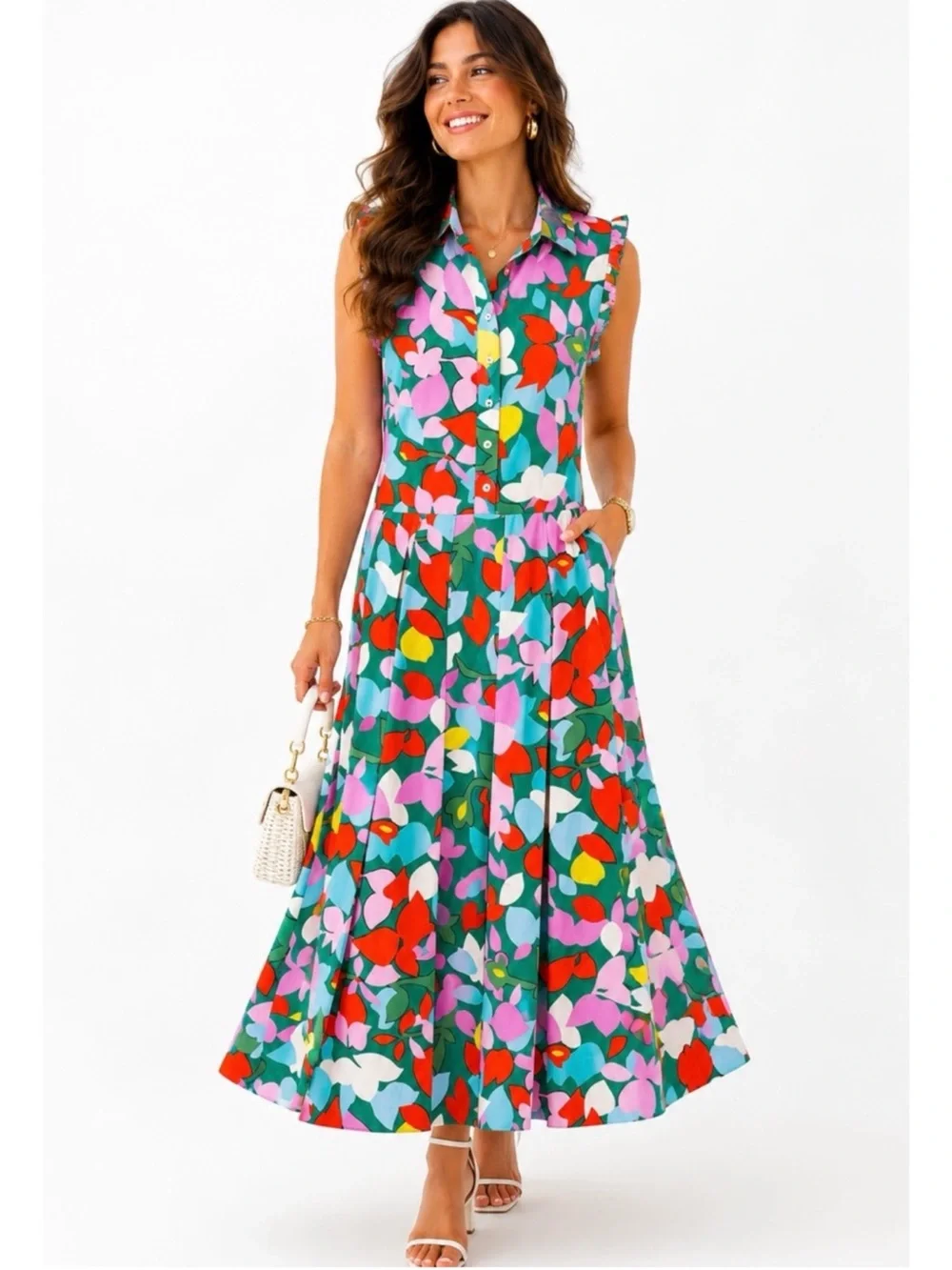 J. CREW | Pleated Shirtdress in Confetti Floral Button Front Maxi Dress Sz. 2